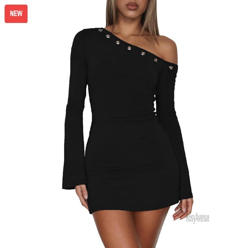 One Shoulder Metal Ring Bodycon Mini Dress Long Sleeve Flared Slim Fit